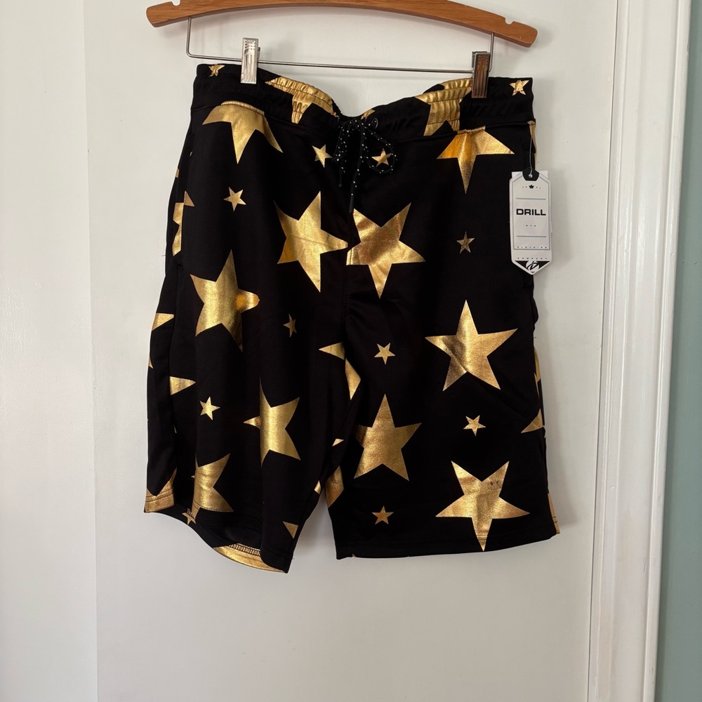 Men's Black and Gold Star Shorts Large